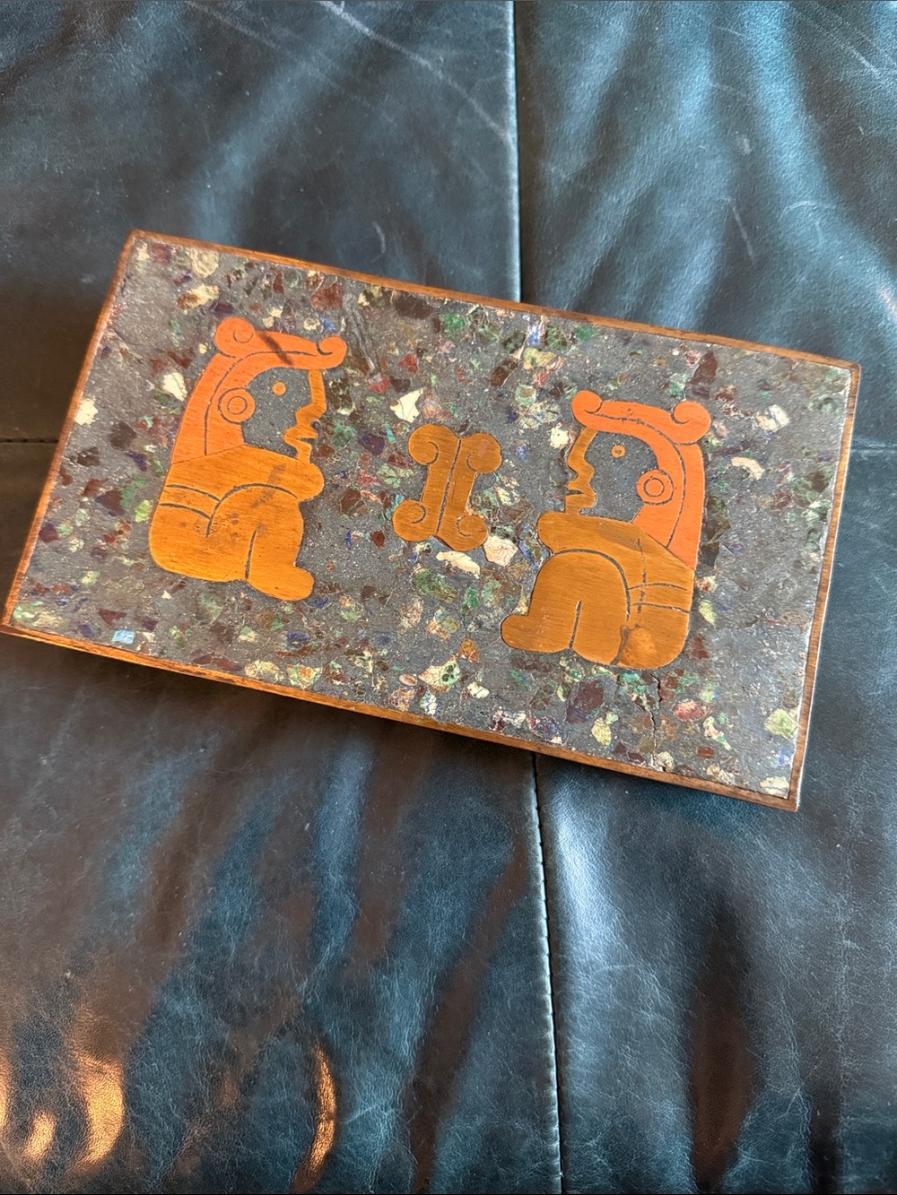 Handcrafted Mexican Wooden Box with Inlaid Brass Aztec-Style Figures.